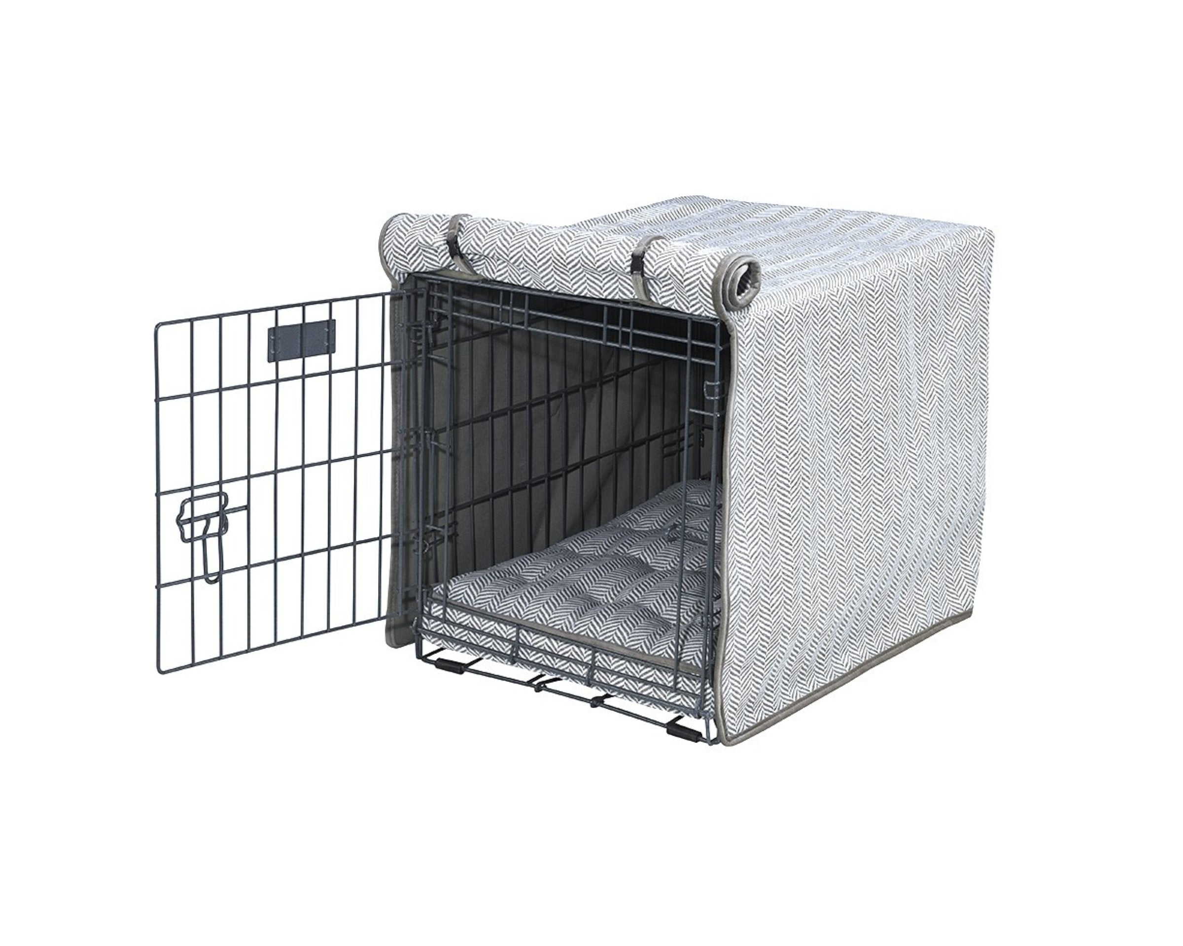 Bowsers Crate Cover (Performance Linen, Aspen) draped on a New Age Pet ecoFLEX