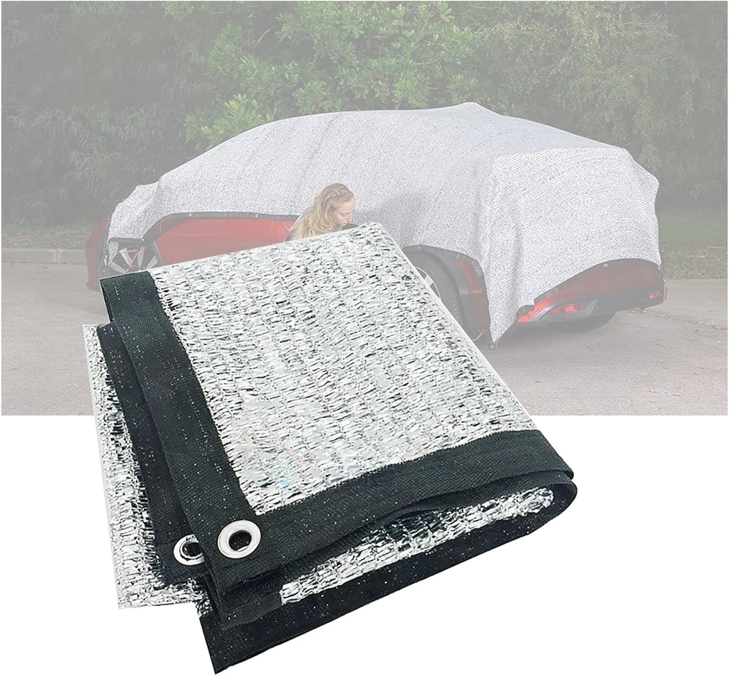 CCLONGTT Aluminum 85% UV Heat Protection Shade Cloth draped over a hard kennel in a car