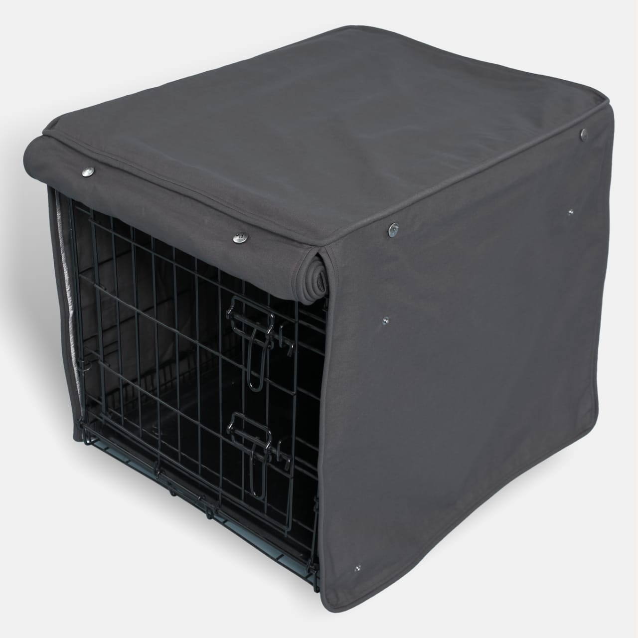 Molly Mutt I'm A Realist Heavyweight Canvas Crate Cover on a heavy wire crate
